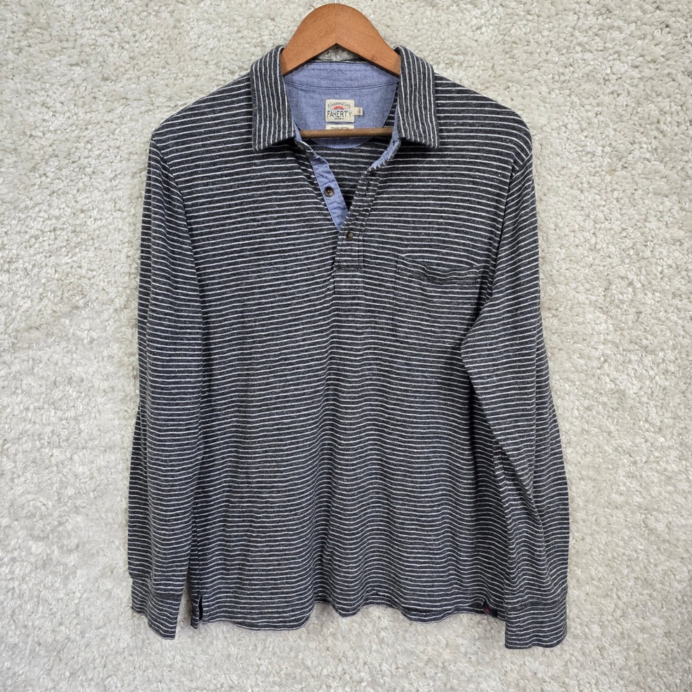 Faherty Striped Long Sleeve Polo Mens Large Grey Organic Cotton Coastal Preppy